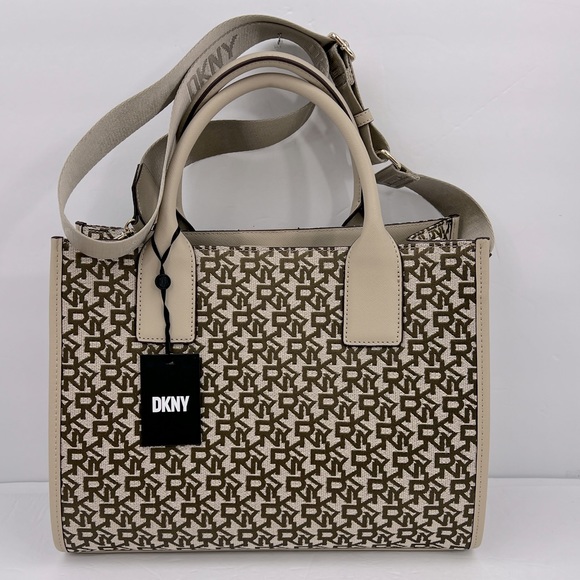 DKNY “CARLITA MD TOTE” BAG, BEIGE WITH BROWN LOGO ALL OVER WITH SHOULDER STRAP - Picture 2 of 16